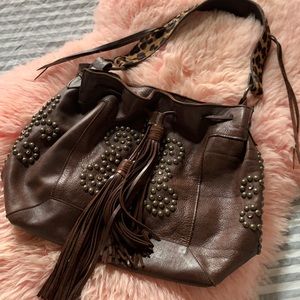 McFadin leather purse, leopard hair on hide strap